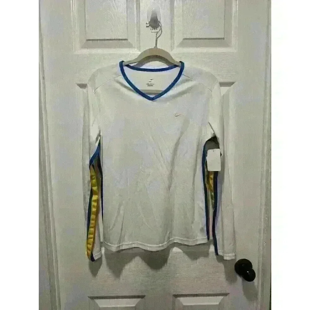 Nike Dri Fit Girls L 12/14 Long Sleeve‎ V Neck Stretch White Athletic Fit